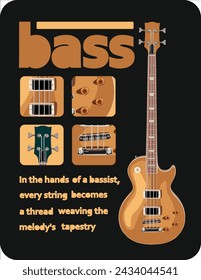 Four-String Bass. Detailed Component Breakdown with Inspirational Quote by Aprian777