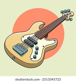 A Four-String Electric Bass Guitar: This stylized artwork showcases a natural wood-finished electric bass guitar 