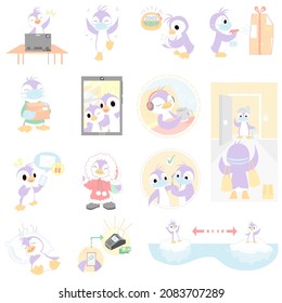 Fourteen covid winter themed penguin pictures on a transparent background. Vector and bitmap files available.