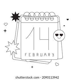 Fourteen february calendar or save the date vector illustration for website, ui or greeting card. Valentines day icon in simple  line art style for dating app, ads, party invitation or web page.