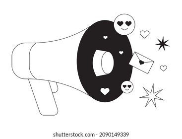 Fourteen february greeting line art icon in simple outline style for ui, website or web page design. Loud speaker or megaphone with love message. Valentines day promotion or sale announcement.