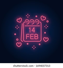 Fourteen February neon sign. Calendar, page and hearts on brick wall background. Vector illustration in neon style for topics like love, romance, Valentines day