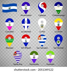 Catorce banderas los Departamentos de El Salvador - orden alfabético con nombre.  Conjunto de signos de geolocalización 2d como banderas Departamentos de El Salvador. Catorce signos de geolocalización en 2d.