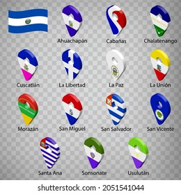 Catorce banderas los Departamentos de El Salvador - orden alfabético con nombre.  Juego de señales de geolocalización 3d como banderas Departamentos de El Salvador. Catorce signos de geolocalización en 3d . EPS10