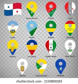 Fourteen flags the Provinces of Panama -  alphabetical order with name.  Set of 2d geolocation signs like flags Provinces of Panama. Fourteen one 2d geolocation signs for your design. EPS10