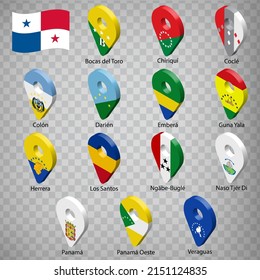 Fourteen flags the Provinces of Panama -  alphabetical order with name.  Set of  3d geolocation signs like flags Provinces of Panama. Fourteen one 3d geolocation signs for your design. EPS10