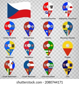 Fourteen flags the  Regions of Czech Republic -  alphabetical order with name.  Set of 2d geolocation signs like flags Regions of Czech Republic. Fourteen 2d geolocation signs for your design. EPS10