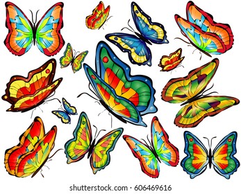 Fourteen flying multicolored butterflies