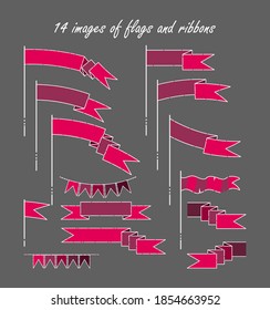 Fourteen images of flags and ribbons. Stylized icons, symbols, signs, emblems. Vector set