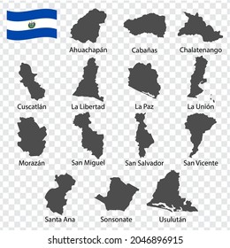 Catorce Departamentos de Mapas de El Salvador - orden alfabético con nombre. Cada mapa de las regiones está listado y aislado con textos y títulos.  República de El Salvador. EPS 10.  