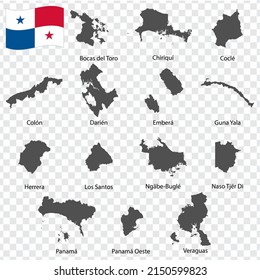 Fourteen Maps  Provinces of Panama - alphabetical order with name. Every single map of Departments  are listed and isolated with wordings and titles.  Republic of Panama. EPS 10.