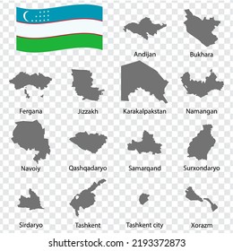 Fourteen Maps  Regions of Uzbekistan - alphabetical order with name. Every single map of Region are listed and isolated with wordings and titles.  Uzbekistan. EPS 10.