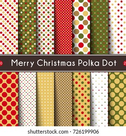 Fourteen Merry Christmas Polka Dot. Vector Seamless Patterns
