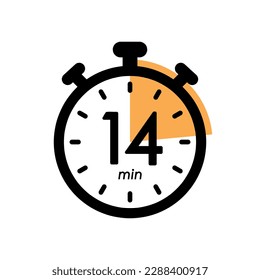 fourteen minutes stopwatch icon, 14 min waiting time, timer symbol, cooking time, cosmetic or chemical application time vector illustration