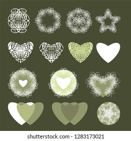 Fourteen ornamental compositions, including those with the image of the heart. Vector set