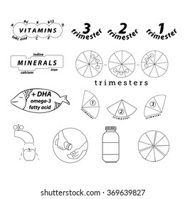 Fourteen pregnancy food icons and trimesters icons. Vitamins, minerals and trimesters symbols. Omega-3 fatty acid sign. Vitamin jar. Fruit washing. Linear icons.