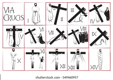 Fourteen traditional stations of the Way of the cross (Via crucis). Simple abstract vector symbols for each of the stations.