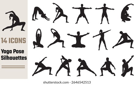 Catorze silhuetas vetoriais de pessoas em várias poses de ioga. Perfeito para sites de fitness, estúdios de ioga ou publicações de saúde e bem-estar. Limpo, simples e facilmente escalável.