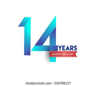 fourteen years anniversary celebration logotype blue colored with red ribbon. 14th birthday logo on white background