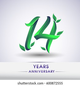 fourteen years anniversary celebration logotype with leaf and green colored. 14th birthday logo on white background.