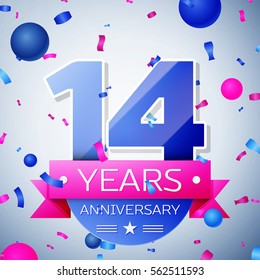 Fourteen years anniversary celebration on grey background. Anniversary ribbon