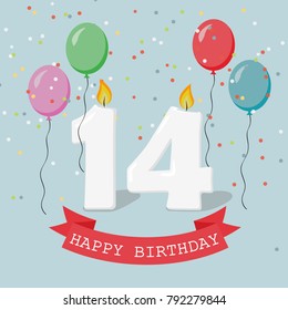 Fourteen years anniversary greeting card with candles, confetti and balloons.