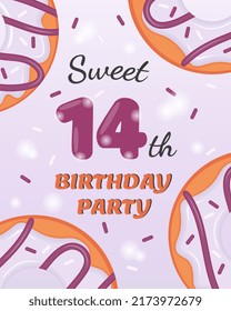Fourteen years old birthday invitation with delicious donut
