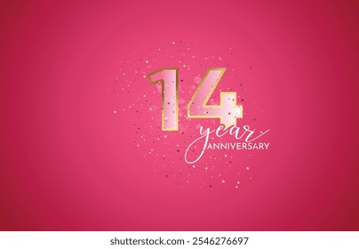 fourteenth 14th Anniversary celebration, 14 Anniversary celebration, Realistic 3d sign, stars, pink background, festive illustration, golden, Pink number 4 sparkling confetti, 14,15 
