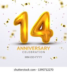 Fourteenth Anniversary Celebration Number Vector. Template Of Poster Invitation On Teenage Birthday Decorated Inflatable Like Balloon Number Fourteen , Golden Letter And Confetti. Illustration