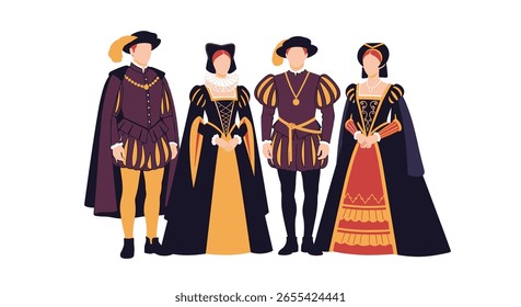 Figuras reais europeias do século XIV exibindo roupas ricas e trajes aristocráticos da época