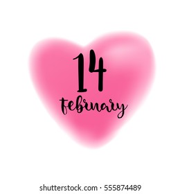 Fourteenth February brush lettering illustration. Handmade calligraphy for print, card, T-shirt. Blurred pink heart symbol background. Vector quote for romantic cards and Valentines Day.