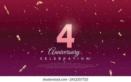 Fourth 4th Anniversary celebration, 4 Anniversary celebration, Dark purple background, festive illustration,Realistic 3d sign, stars, Pink number with red ribbon 4 sparkling confetti, 4,5