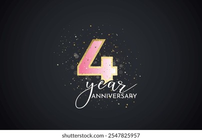 Fourth 4th Anniversary celebration, 4 Anniversary celebration, Realistic 3d sign, stars, Dark background, festive illustration, golden, Pink number 4 sparkling confetti, 4,5 
