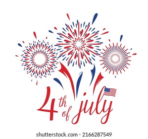 Fourth 4th of July vector background illustration. American Independence Day card concept in simple flat style with fireworks, USA flag and lettering text sign in blue red color. Isolated on white.
