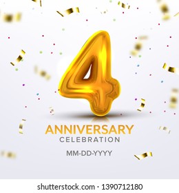 Fourth Anniversary Birth Celebration Number Vector. Colorful Invitation Banner With Realistic Golden Number Four And Text Of Celebrating Day With Foil Confetti On Background. 3d Illustration