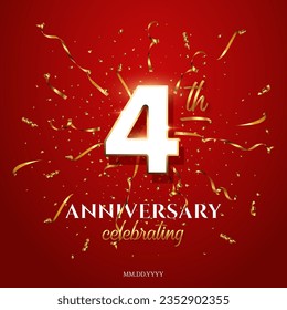 Fourth Anniversary Celebrating text with golden serpentine and confetti on red background. Vector four anniversary celebration event square template with white numbers with gold frame.