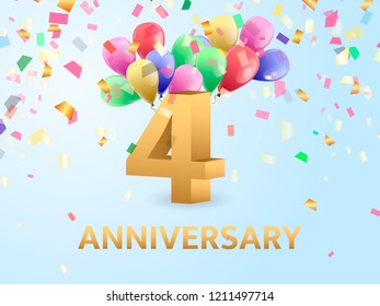 Fourth Anniversary with confetti and balloons. Vector illustration