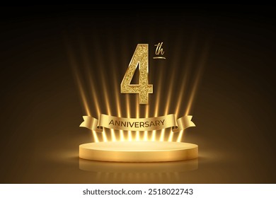 Fourth anniversary gold award podium. 4 year celebration birthday or jubilee golden vector background. Luxury stage with glowing rays, glittering number 4 and ribbon with text anniversary on black.