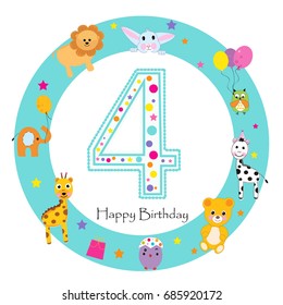 Fourth birthday baby greeting card. Happy first birthday candle and animals first 