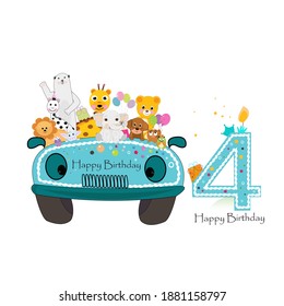 
Fourth birthday. Car with cute animals background. Birthday greeting card, party, t-shirt design vector