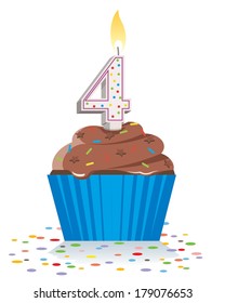 fourth birthday cupcake with lit candle in shape of number four 