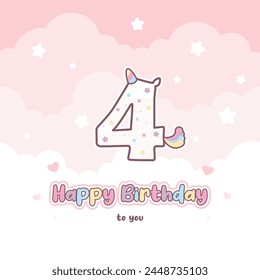 Fourth birthday greeting card with cute unicorn number. Birthday greeting card