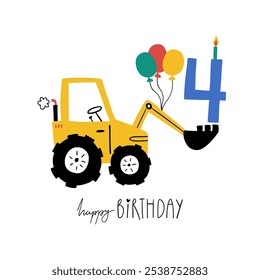 Cuarto cumpleaños. Tarjeta de feliz cumpleaños dibujada a mano con lindo tractor de coche de dibujos animados con bolas, velas y letras Feliz cumpleaños. Ilustración vectorial. Tarjeta de felicitación del bebé para el cuarto cumpleaños