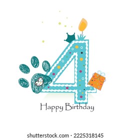 
Fourth birthday one candle greeting card with doodle paw prints. Birthday greeting card