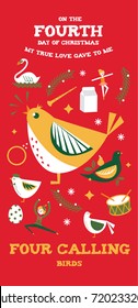 fourth day of christmas from the twelve days of christmas greetings template vector/illustration