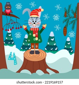 Cuarto día del calendario de llegada de Año Nuevo. Un conejo lindo se pone de pie sobre un trozo y atrapa copos de nieve. Ilustración de dibujos animados.
