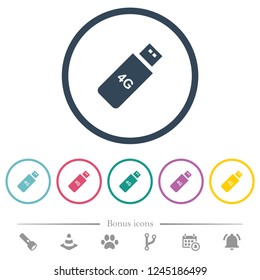 Fourth generation mobile stick flat color icons in round outlines. 6 bonus icons included.