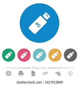 Fourth generation mobile stick flat white icons on round color backgrounds. 6 bonus icons included.