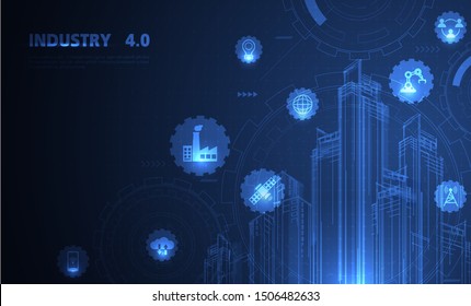 Fourth industrial revolution on futuristic hud with world map globe. industrial instruments in the factory with cyber and physical system icons ,Internet of things network,smart factory solution