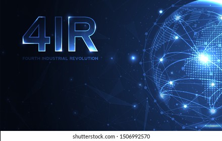 Fourth industrial revolution on futuristic hud with world map globe. concept of automatization, machinery, robotic technology, industrial revolution and artificial intelligence. 